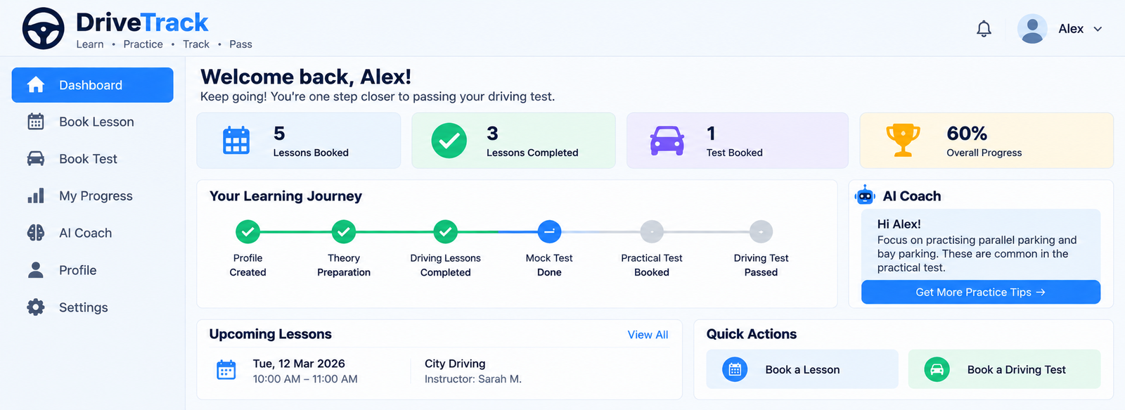 DriveTrack: A Smart Driving Test Booking & Progress Web App with AI Coaching